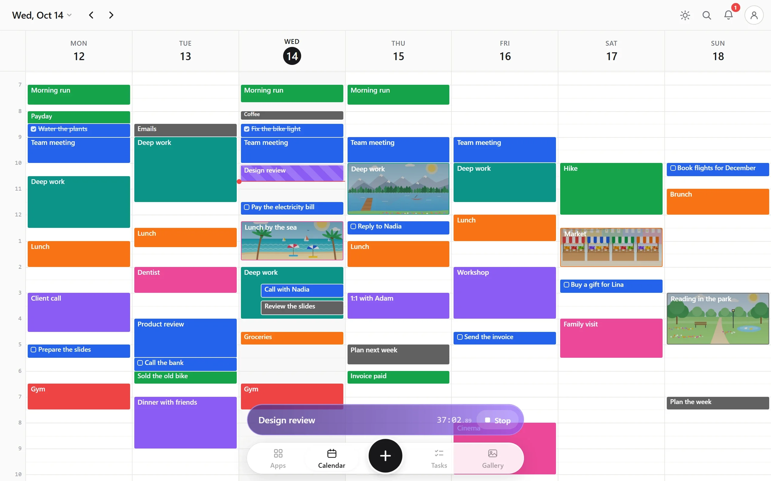 One week: events, tasks with their checkboxes, and events with their own pictures.